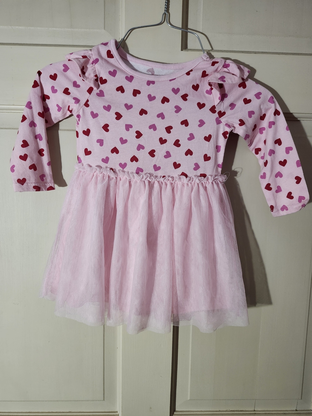 Toddler Pink Heart Print Tulle Dress with Long Sleeves